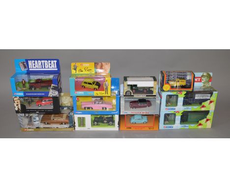 Twelve boxed  Corgi TV related diecast models. This lot includes CC00601 FAB1 Rolls Royce, 00101 Avengers Vintage Bentley and