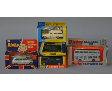 Five boxed diecast models. Dinky Toys 241 Silver Jubilee and 284,London Taxis together with a 297 Silver Jubilee Atlantean Bu