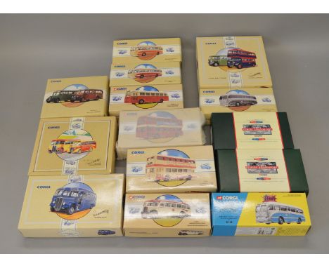 Corgi Classics. 14 x public transport models, including premium editions. G/VG boxed.