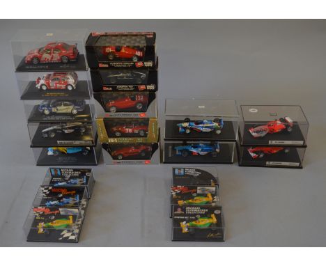 A quantity of boxed diecast Racing Car models, mostly in 1:43 and 1:64 scales, by various manufacturers including Hot Wheels 