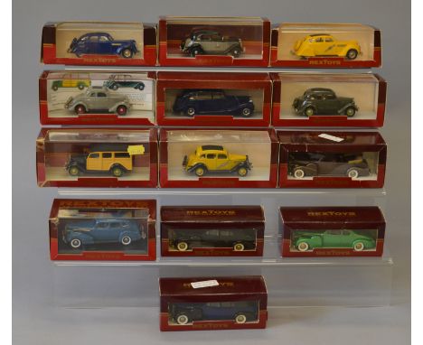 Thirteen boxed Rextoys diecast models in  1:43 scale including a Rolls Royce Pantom IV Limousine H.R.H. Duchess of Kent. Mode