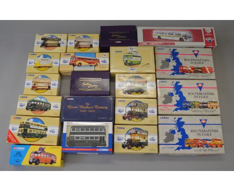 A quantity of boxed Corgi diecast bus and tram models including 'Routemasters in Exile' Scotland, North and Midlands versions