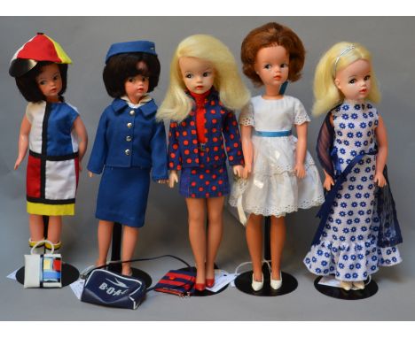 5 x Sindy Dolls. 1960's Brunette Mini Sindy, wears repro Mondrian style outfit. 1960's Blonde "new look" Sidepart Sindy, wear