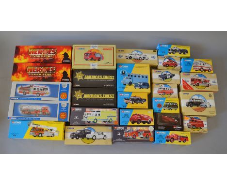 Twenty six boxed Corgi diecast models, mostly Emergency Vehicles, in various scales. This lot includes CC21802 Hong Kong AEC 