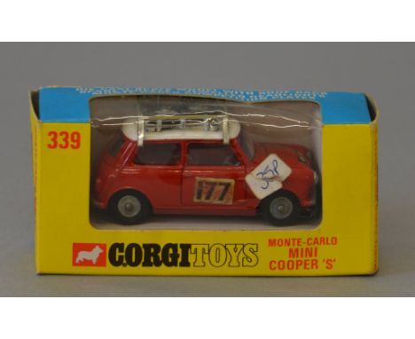 A boxed Corgi 339 Monte Carlo Mini Cooper 'S', appears G+, with partial loss to front number plate decal in G+ window box, wi