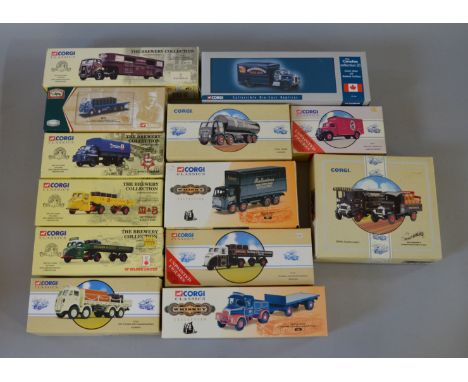 Thirteen  boxed Corgi brewery themed  diecast model vehicles, in various scales. This lot includes US52309 Mack B Box Van 'Mo