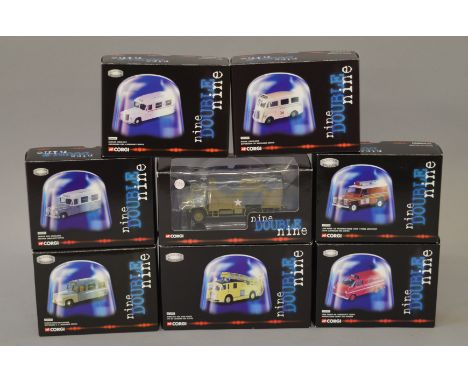 Eight boxed Corgi diecast models from their 'Nine Double Nine' series, including CC60304 Bedford QLD Army Fire Services Truck