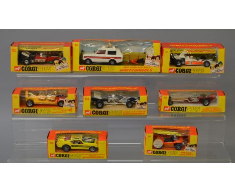 Eight boxed Corgi 'Whizzwheels' diecast models, 150 Surtees, 151 Yardley McLaren and 153 Surtees T.S. 9B racing cars, 161 Com