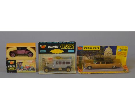 Three boxed Corgi Toys, 262 Lincoln Continental and  9041 Rolls Royce Silver Ghost, both appear G+/VG in F bubble type packag