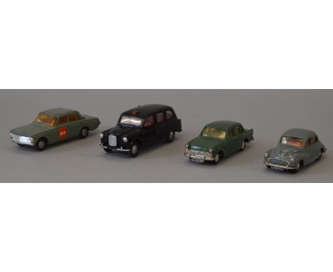 Three unboxed  Tri-ang Spot On model cars including  405 BEA Vauxhall Cresta, 287 Hillman Minx,  a 155 Austin FX4 Taxi togeth