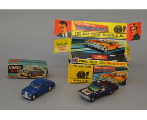 Two Corgi Toys, a  497 Man from Uncle Oldsmobile 'Thrushbuster' G in reproduction box together with a 205M Riley Pathfinder S