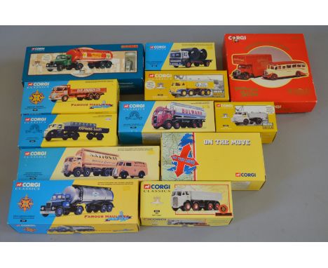 Twelve  boxed Corgi Classics commercial diecast model vehicles. This lot includes 16306 Scammell Tanker in Shell/BP livery an