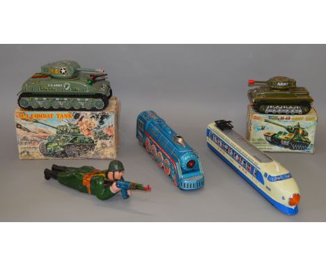 Two boxed Japanese tinplate battery operated Tank models, a Nomura Toys  M-48 Army Tank and a Taiyo M-4 Combat Tank, both app