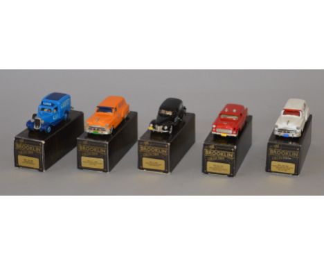 Five boxed Brooklin white metal model vans in 1:43 scale including a Pontiac Sedan Delivery Van in Gulf Oil livery. One model