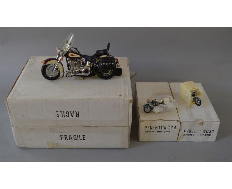 Three boxed Franklin Mint Motorcycle models including B11WC33 1977 Harley Davidson HD Low Rider Motorcycle in 1:24 scale,miss