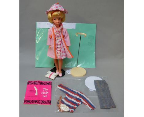 1960's Honey blonde MIHK Sindy, wears repro Paris date outfit and bag, Sindy stockings, scarce, mam'selle pink t-bar shoes, c