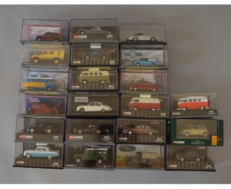 Twenty one  boxed Corgi Classics cars in 1:43 scale. This lot includes CC82201 limited edition Mini Classic Knightsbridge in 