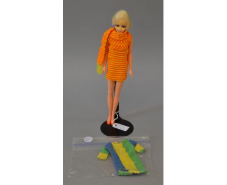 Rare Mattel "Twiggy" doll. Wearing very rare "Twigsters" outift, plus original "Twiggy" dress. 