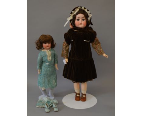 2 x Dolls. William Goebel doll, 70cm, cracked/repaired head, wearing a victorian hand stitched outfit. Armand Marseille 370 s