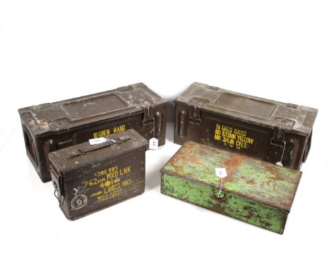 Two post war Ordnance metal crates with a 7.62 link 200 rounds tin with a green painted lockable box