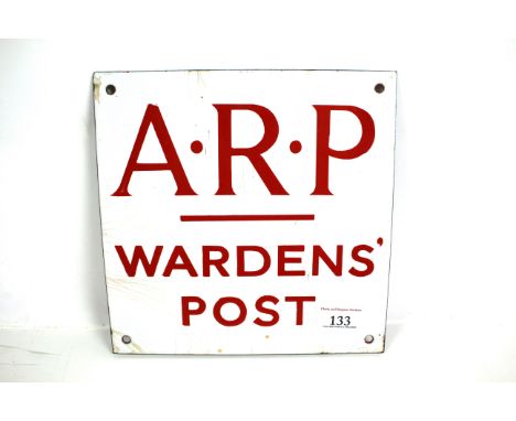 A WWII era enamel sign "A.R.P. Wardens Post", approx. 9" x 9" in overall very good condition 