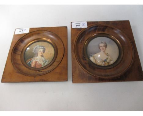 A pair of portrait miniatures of ladies in early 19th century dress, one signed Le Brun, circa 1900, in boxwood frames, 14cm 