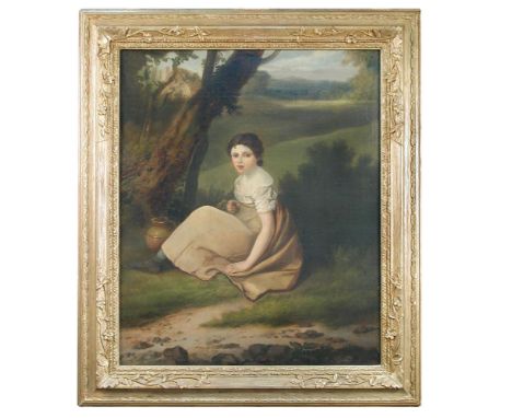 R *** W *** (British, 18th-19th Century) A young girl with a pitcher, seated by a tree signed on the tree "RW" oil on canvas,