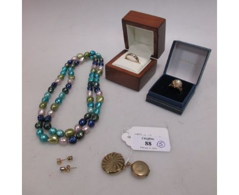 A 9ct diamond set ring, a pearl ring stamped '10k' together with a 9ct locket, another locket, a pair of earstuds and a stran