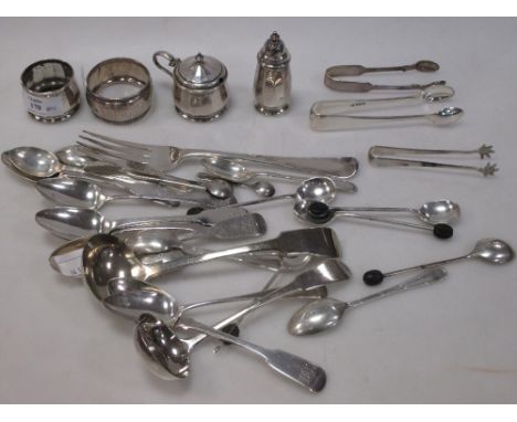 Two silver sauce ladles, various teaspoons, a silver fork and other small silver, 18oz  