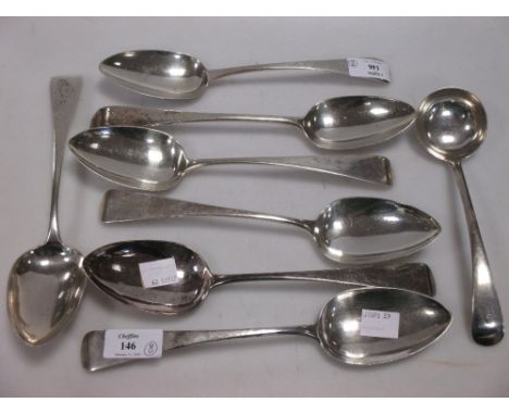 Seven Old English pattern table spoons, Geo III London 1817/1819 + 1 x 1794 and a sauce ladle London 1906, 16.2oz (8)  