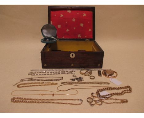 A rosewood and mother of pearl inlaid box with a quantity of assorted gold jewellery to include a 9ct rope chain, a 9ct curbl