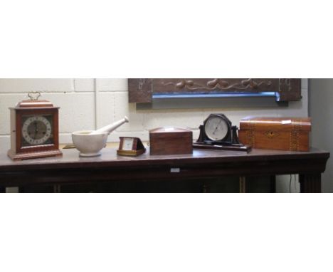 A Smith modern eight day mantle clock, a bakelite desk barometer various boxes and other items  