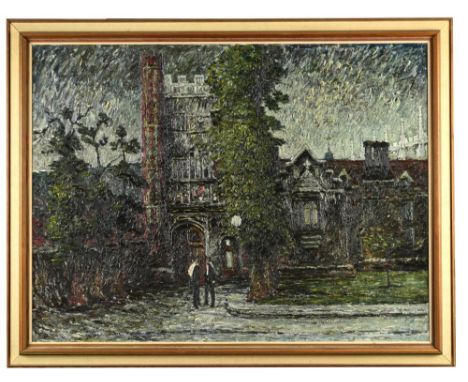 § Mervyn Rowe (British, b. 1936) Cambridge College Trinity Gate oil on artist's board 90 x 120cm (35 x 47in) Provenance: A gi