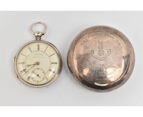 A SILVER MILITARY SNUFF BOX AND A SILVER OPEN FACE POCKET WATCH, the snuff box of a polished circular form, hinged lid engrav