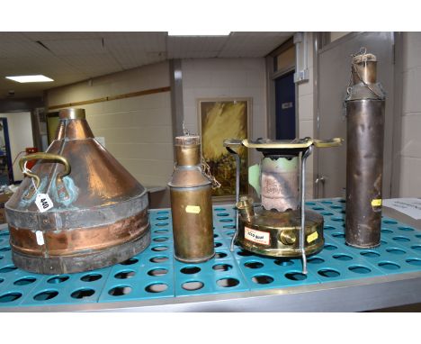 A GROUP OF METALWARE, comprising two metal fuel sample canisters,  height 24cm and height 39cm, both corks in situ (contents 