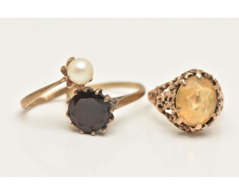 THREE GEM SET RINGS, the first an oval cut Citrine, prong set in a yellow gold brutalist style mount, hallmarked 9ct Birmingh