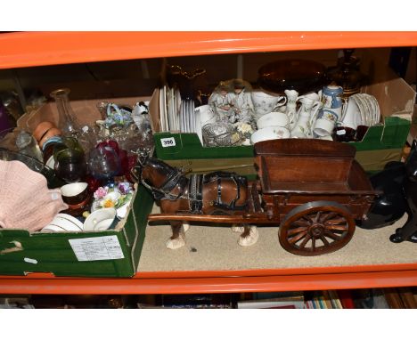 TWO BOXES AND LOOSE CERAMICS AND GLASSWARE, to include a Beswick shire horse, pulling a wooden cart, three small character ju