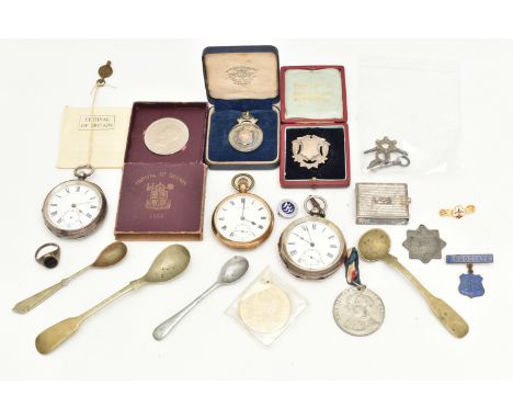 A BOX OF ASSORTED ITEMS, to include a silver key wound, open face pocket watch, white Roman numeral dial, engine turned patte