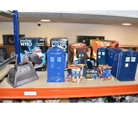 A COLLECTION OF ASSORTED BOXED DOCTOR WHO COLLECTABLES,  K-9 and Tardis Cookie Jars, Tardis Cooler (with leads), Talking Tard