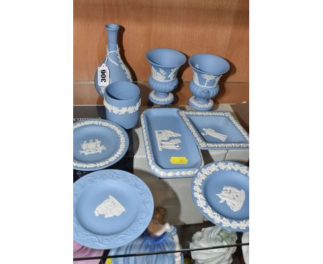 NINE PIECES OF BLUE WEDGWOOD 'JASPERWARE' GIFTWARE to include three circular trinket dishes to include one with the Liverpool