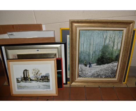 DENNIS HARPER PAINTING, UNIPART CALENDARS AND ASSORTED PRINTS, the painting depicts two figures in a winter landscape holding