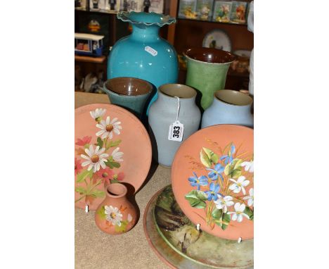 A GROUP OF STUDIO POTTERY, comprising of a pair of pale blue vases based stamped but not clear of maker, two green lustre Pen