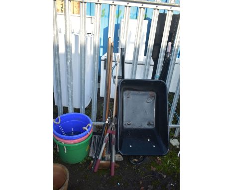A METAL WHEELBARROW, six various garden hand tools, and three plastic buckets (11)