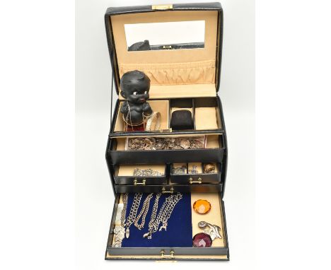 A MULTI STORAGE JEWELLERY BOX WITH CONTENTS, to include a white metal gate bracelet missing clasp, six white metal curb link 