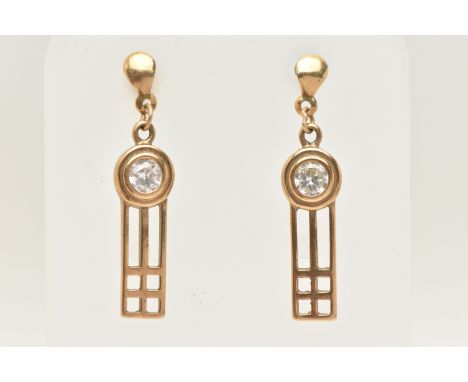 A PAIR OF YELLOW METAL CUBIC ZIRCONIA SET DROP EARRINGS, each open work drop earring set with a circular cut colourless cubic