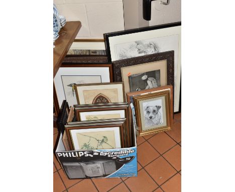 A SMALL QUANTITY OF PICTURES AND PRINTS ETC, to include a watercolour of a churchyard with a landscape beyond, unknown monogr