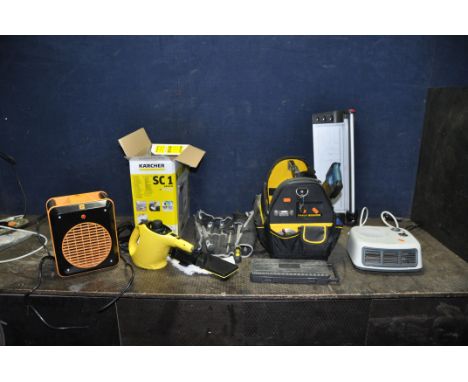A COLLECTION OF HAND TOOLS, HEATERS AND CLEANERS including a Karcher Easifix steam cleaner, a JCB  and a RGE fan heaters, a S