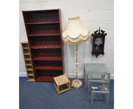A MODERN OPEN BOOKCASE, width 71cm x depth 21cm x height 180cm, a cd rack, a glass nest of three tables, a wall clock, a bras