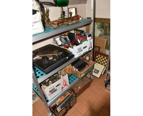 FIVE BOXES AND A LARGE QUANTITY OF MISCELLANEOUS ITEMS to include a green glass table lamp, a holdall containing assorted pai