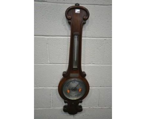 A VICTORIAN MAHOGANY BAROMETER, fitted with a thermometer, above a 9 inch dial, signed Negretti and Zambra, height 95cm, cond